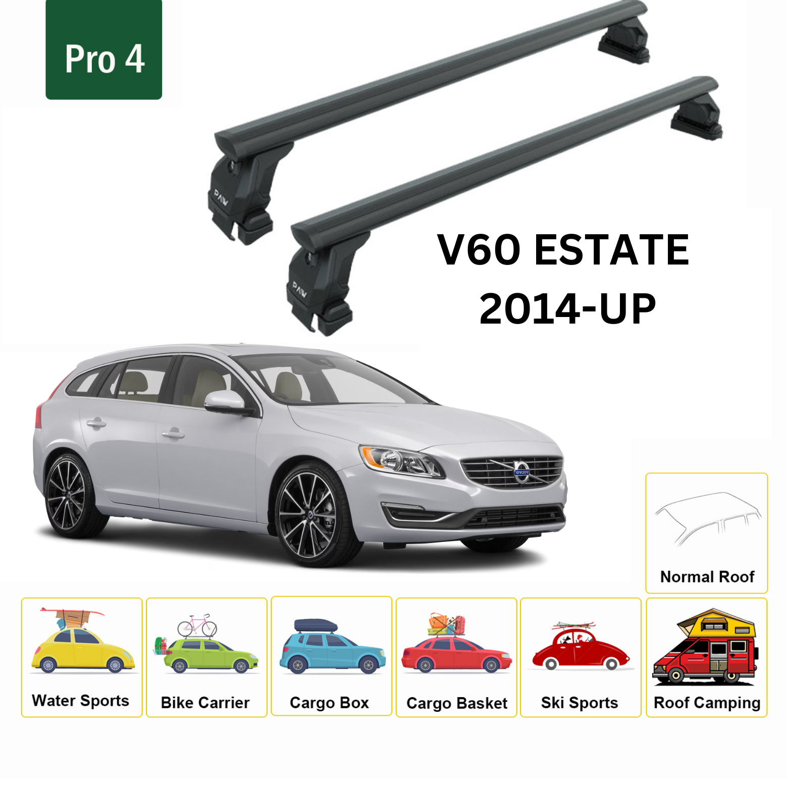 Volvo V60 Estate 2014-2018 Oluksuz Üst Tavan Portbagaj Taşıyıcı Ara Atkısı Toros Serisi Pro 4 Siyah