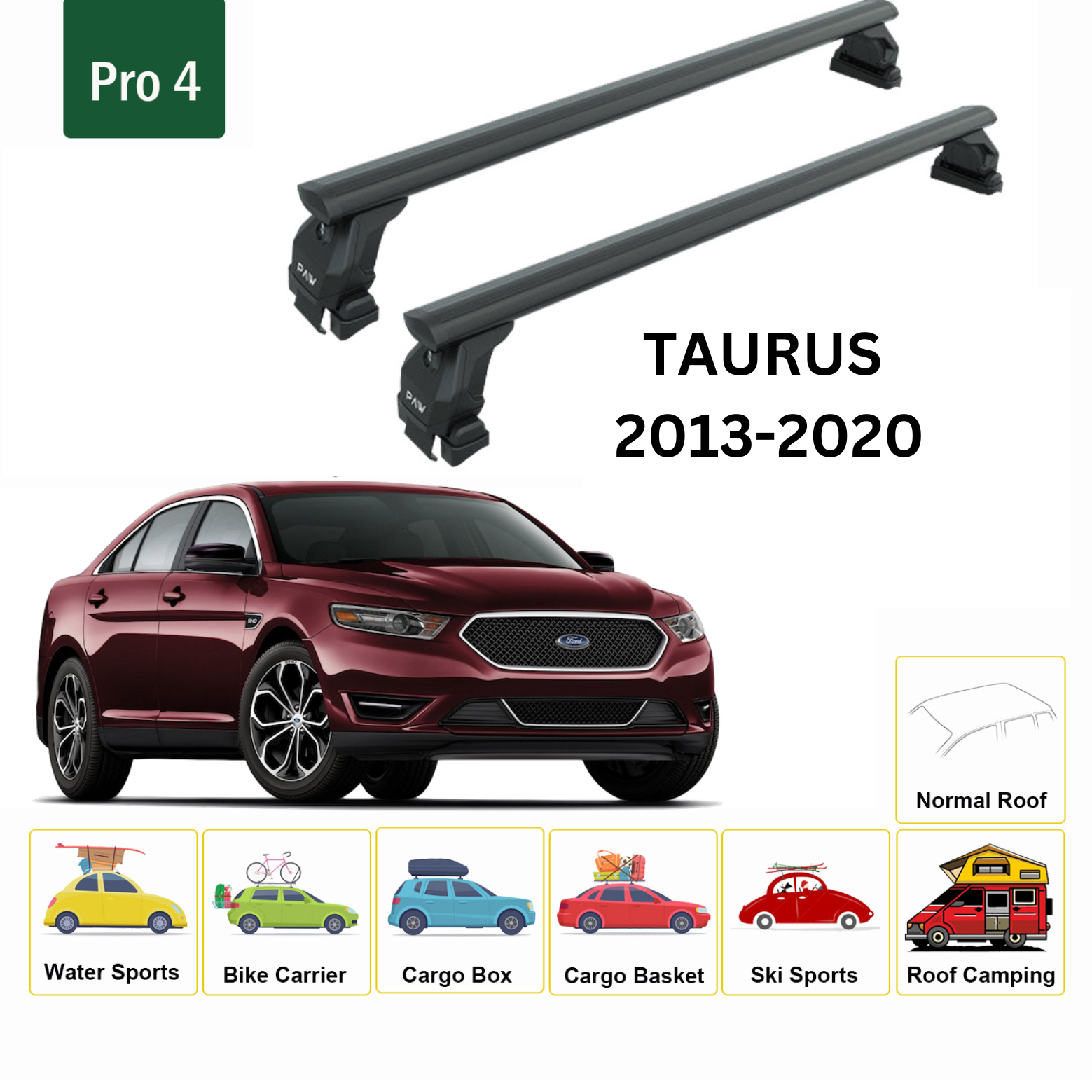Ford Taurus 2013-2020 Flush Rail Üst Tavan Portbagaj Taşıyıcı Ara Atkısı Toros Serisi Pro 4 Siyah