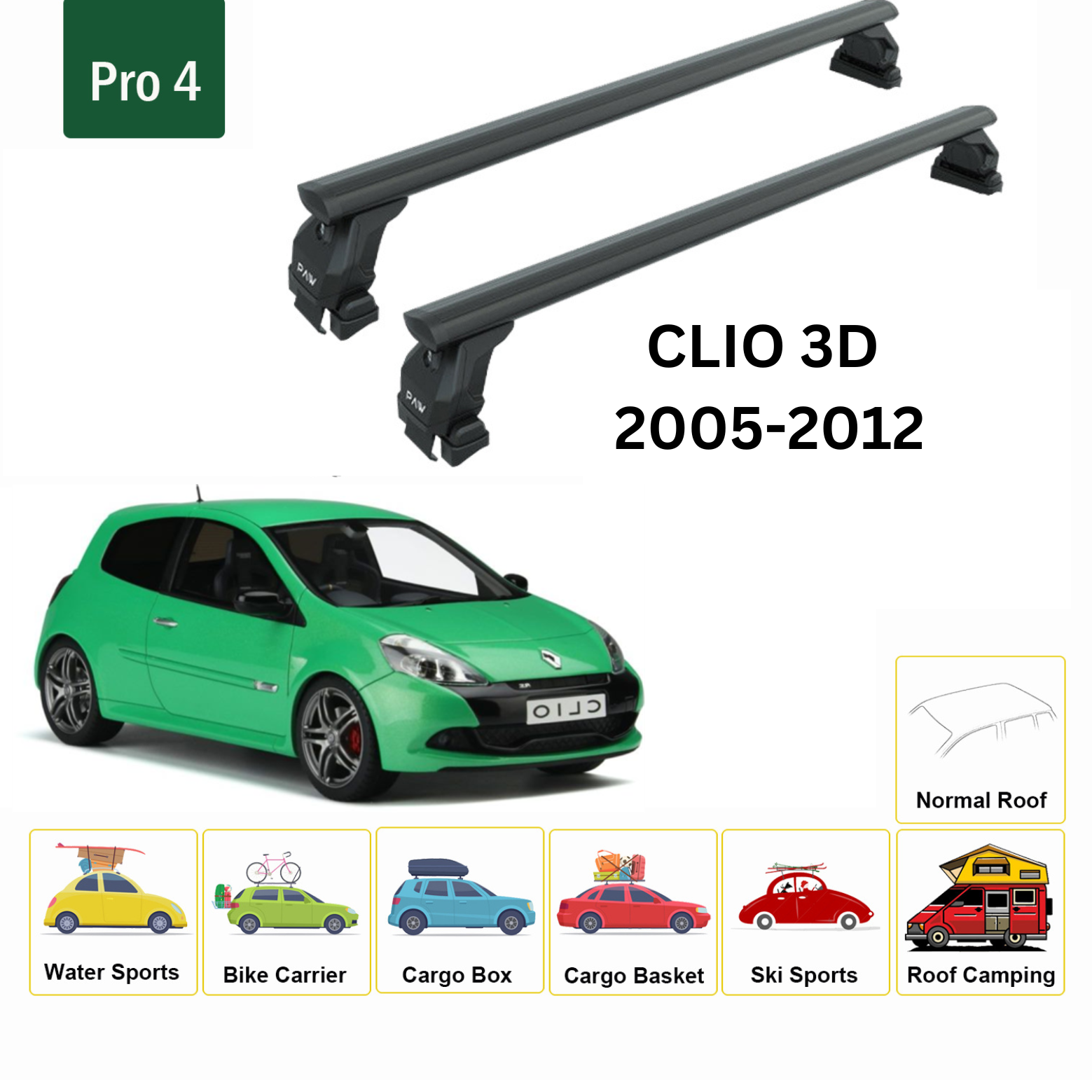 Renault Clio 3D 2005-2012 Gutted Upper Roof Rack Carrier Cross Bar Taurus Series Pro 4 Black
