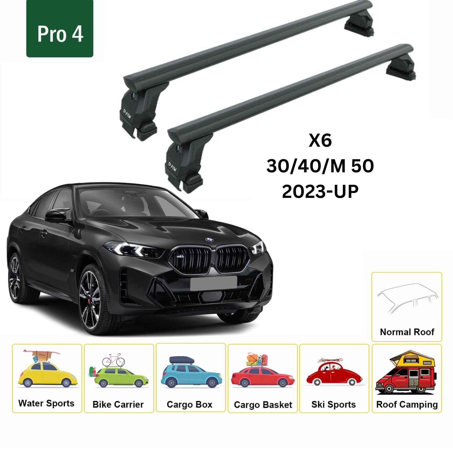 BMW X6 2023-2025 Oluksuz Tavan Rayı Portbagaj Taşıyıcı Ara Atkı Toros Serisi Pro 4 Siyah