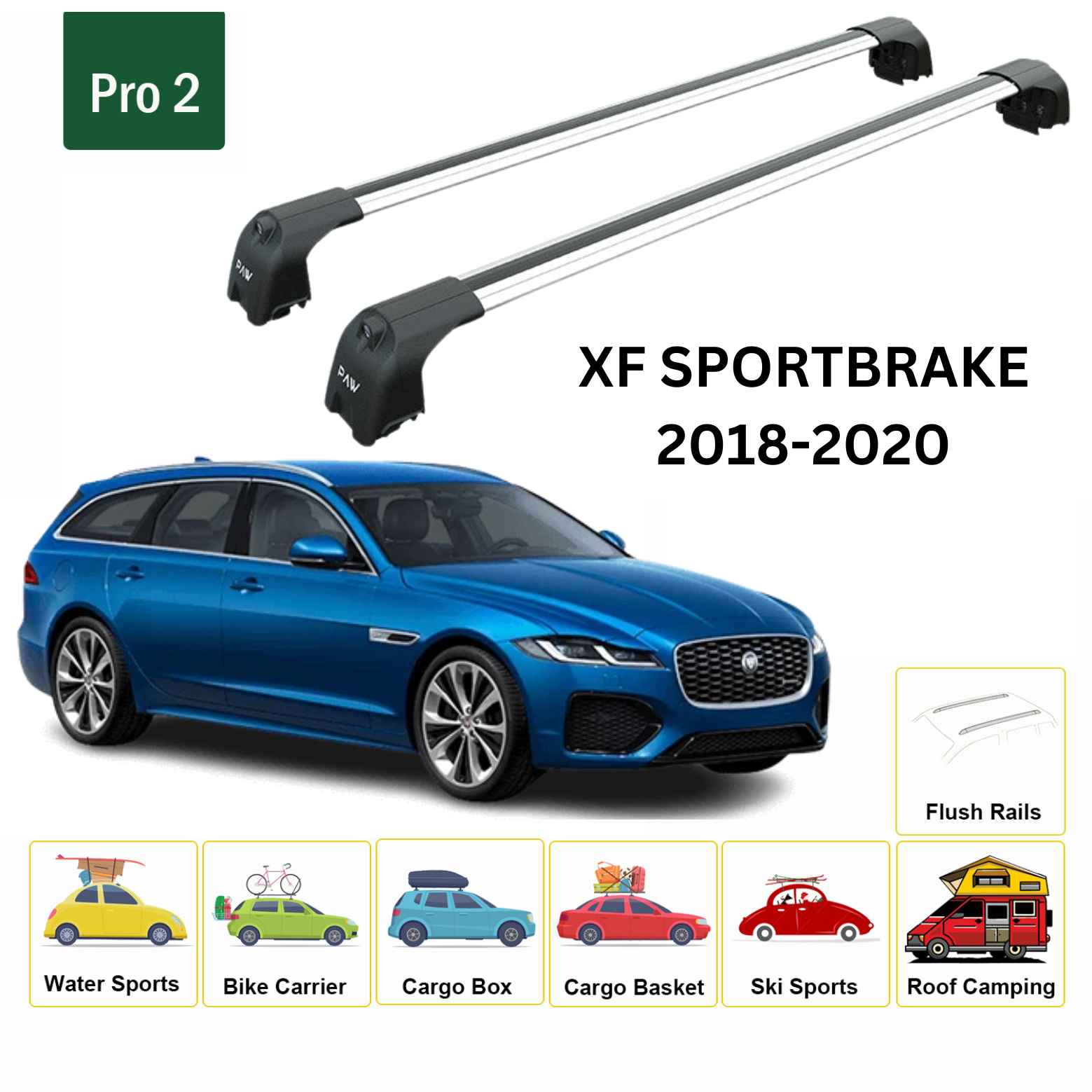 Jaguar XF Sportbrake 2018-2020 Roof Rack Carrier Bar - Paw Pro 2 Grey