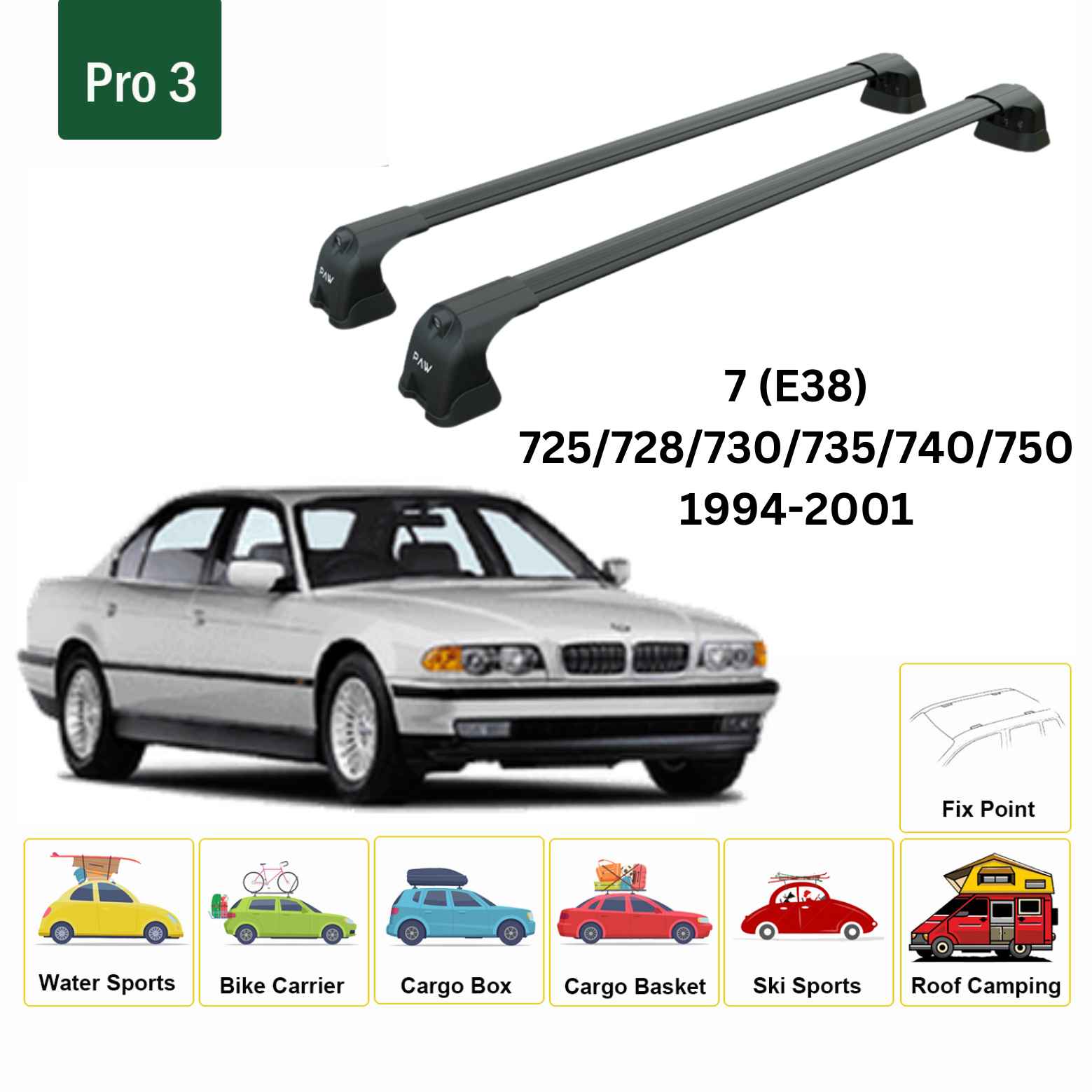 Paw BMW 7 Serisi (E38) 1994-2001 Ara Atkı Portbagaj Taşıyıcı Pro 3 Siyah