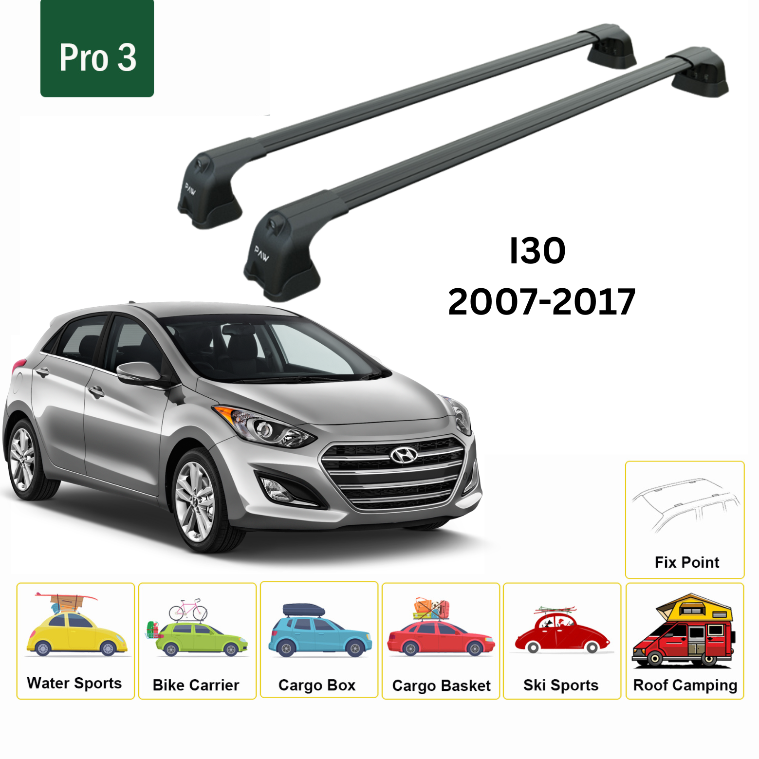 Paw Hyundai i30 (FD) 2007-2012 Cross Bar Roof Rack - Pro 3 Black