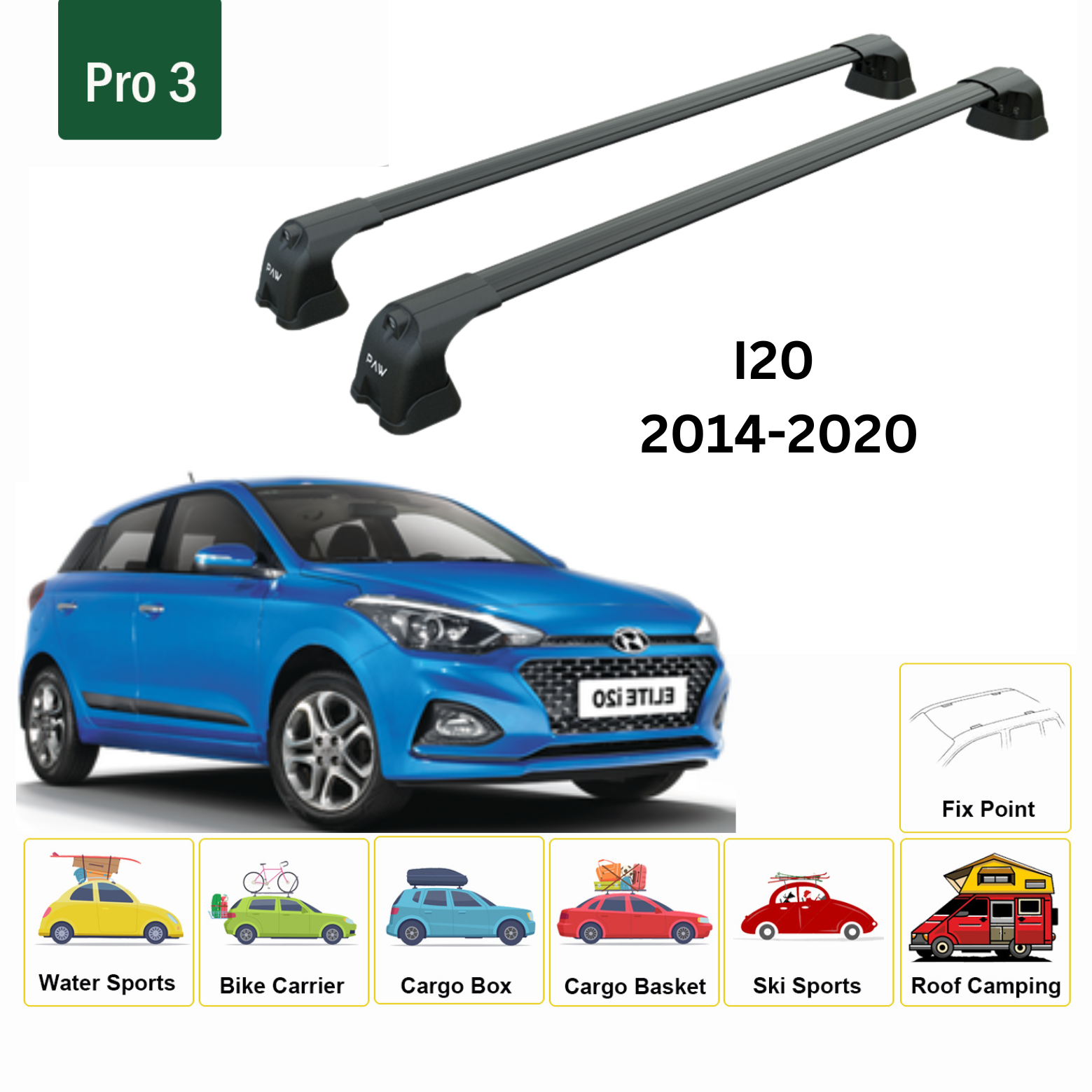 Paw Hyundai i20 (GB) 2014-2020 Cross Bar Roof Rack Carrier - Pro 3 Black