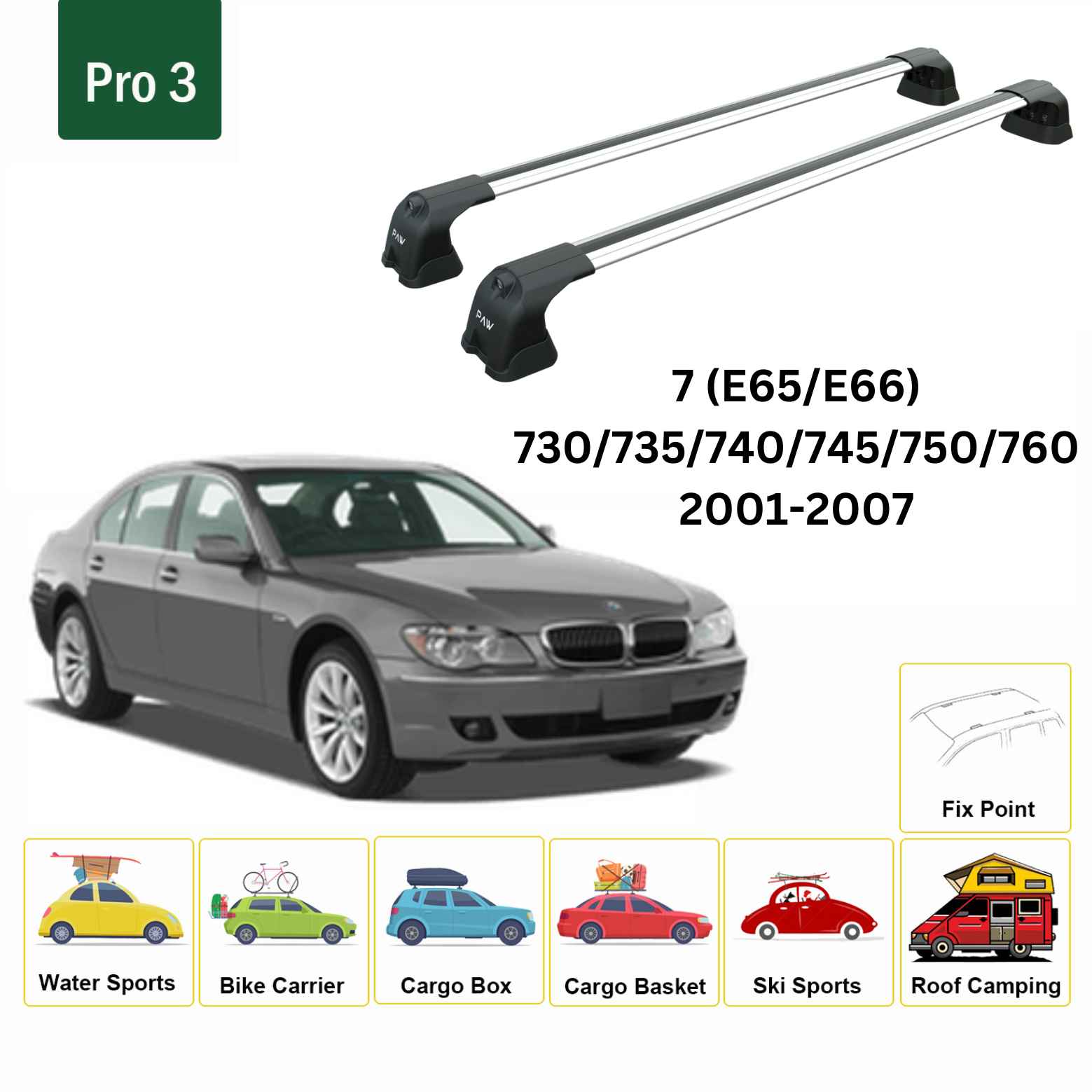 Paw BMW 7 Serisi E65/E66 (2001-2007) Ara Atkı Portbagaj Taşıyıcı Pro 3 Gri