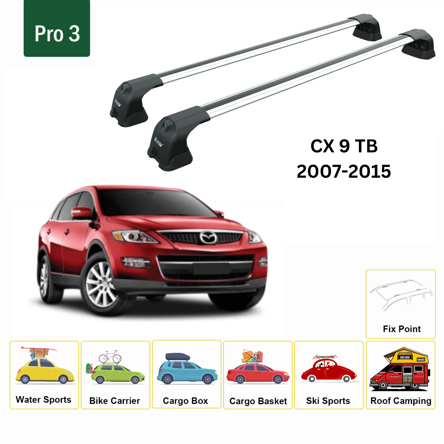 Paw Mazda CX-9 (TB) 2007-2015 Ara Atkı Portbagaj Taşıyıcı - Pro 3 Gri