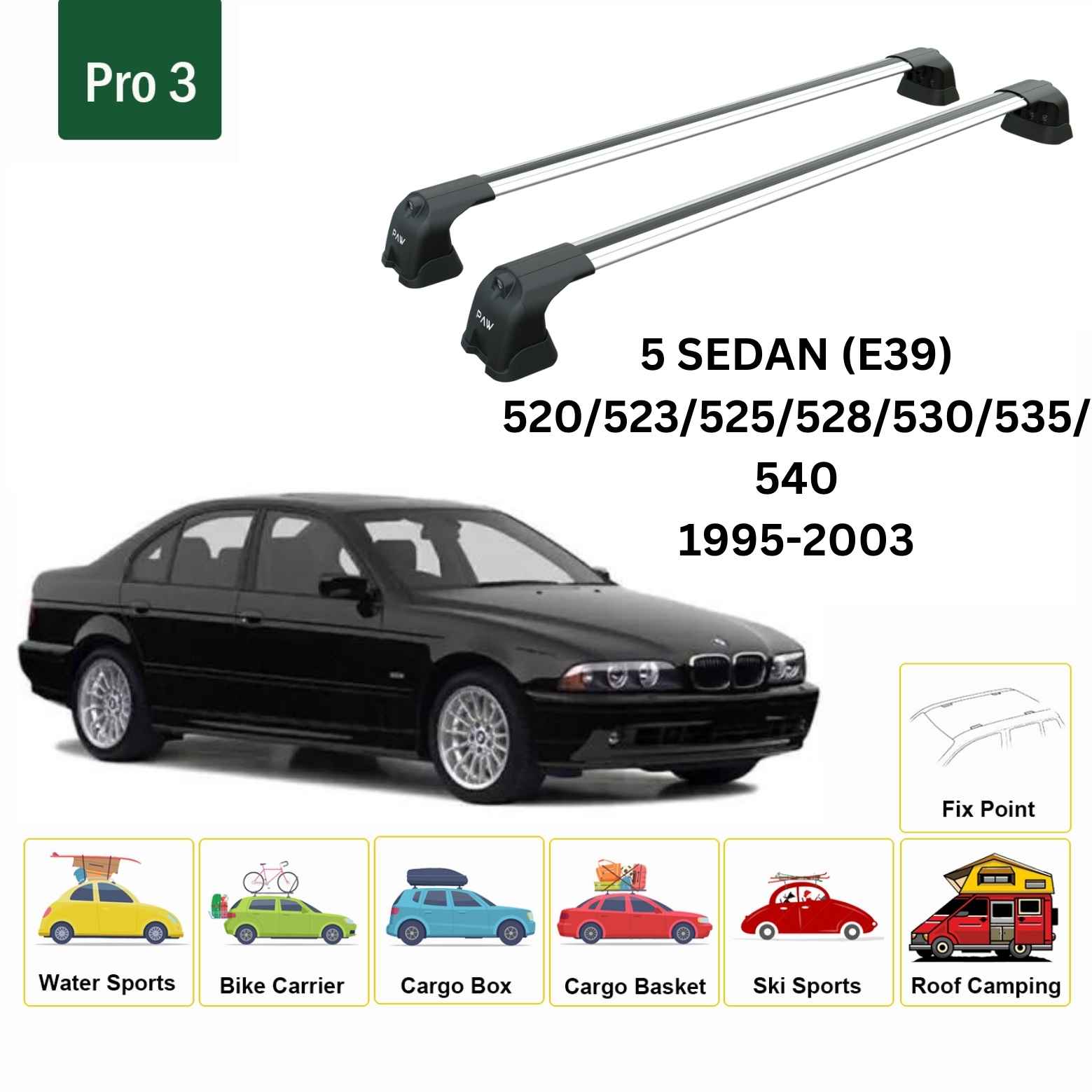 Paw BMW 5 Serisi Sedan E39 (1995-2003) Ara Atkı Tavan Çubuğu Taşıyıcı Pro 3 Gri