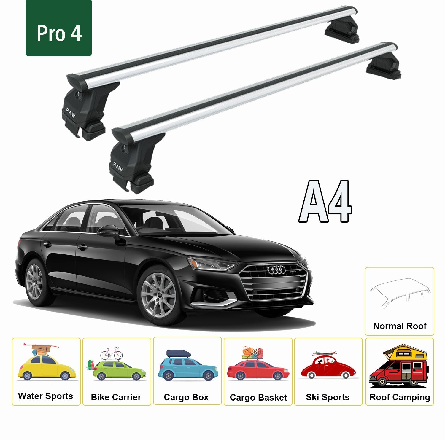 Audi A4 B9 2017-2025 Oluksuz Üst Tavan Portbagaj Taşıyıcı Ara Atkısı Toros Serisi Pro 4 Gri