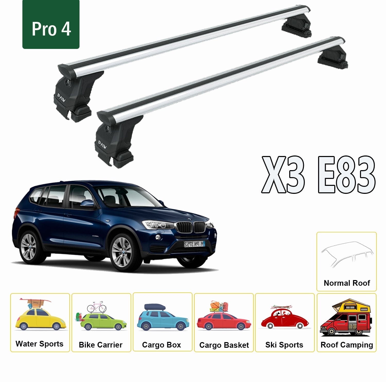 BMW X3 E83 2003-2010 Kanalsız Tavan Port Bagaj Taşıyıcı Ara Atkı Toros Serisi Pro 4 Gri