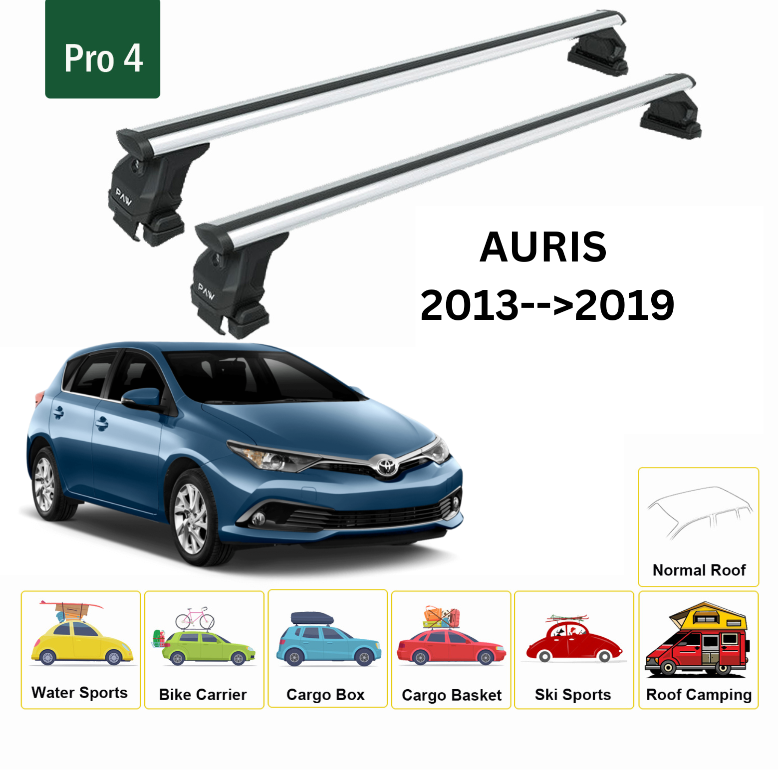 Toros Toyota Auris (2013-2019) Oluksuz Tavan Ara Atkı Portbagaj Taşıyıcı Pro 4 Gri