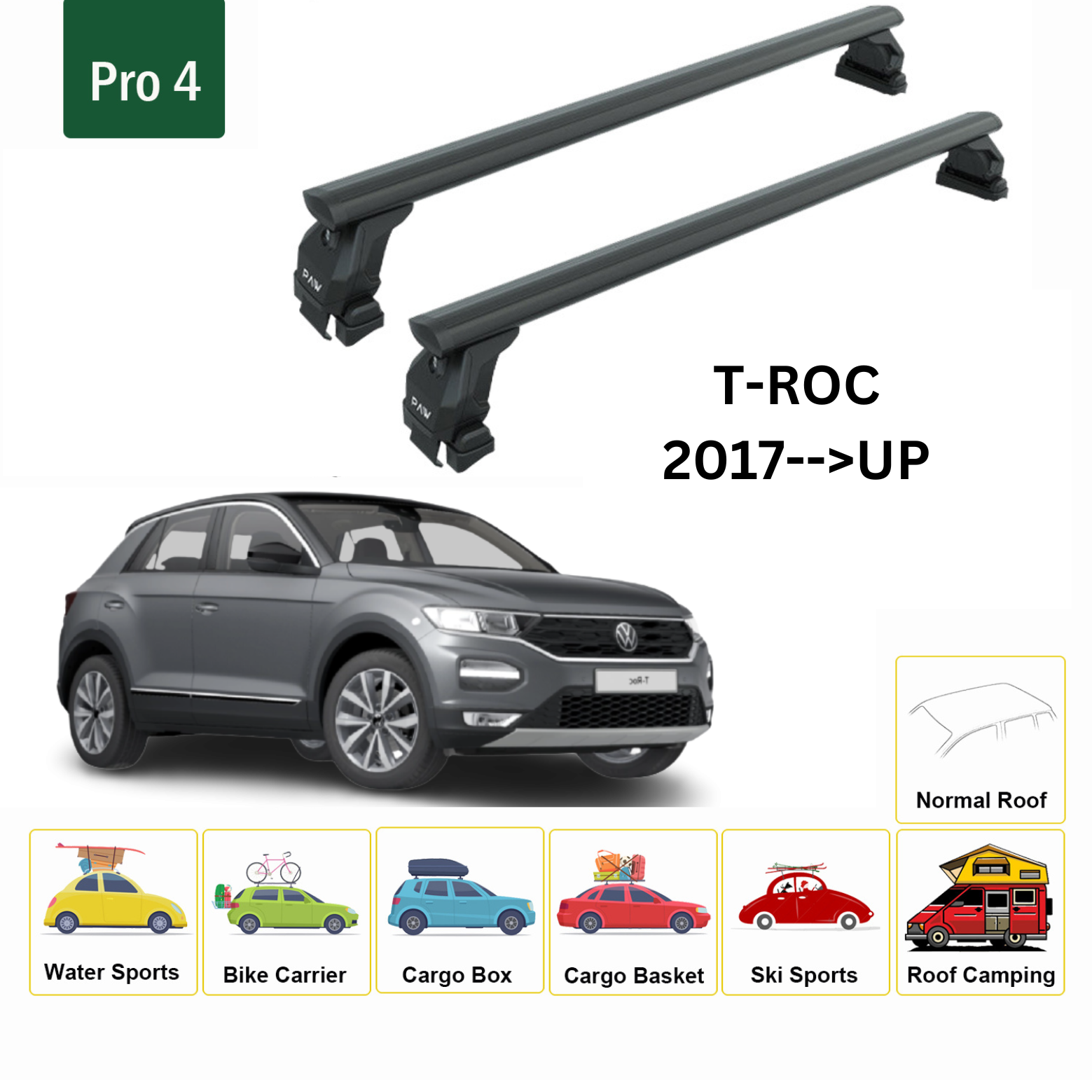 Volkswagen T-Roc 2017-2025 İçin Oluksuz Tavan Portbagaj Taşıyıcı Ara Atkısı Toros Serisi Pro 4 Siyah