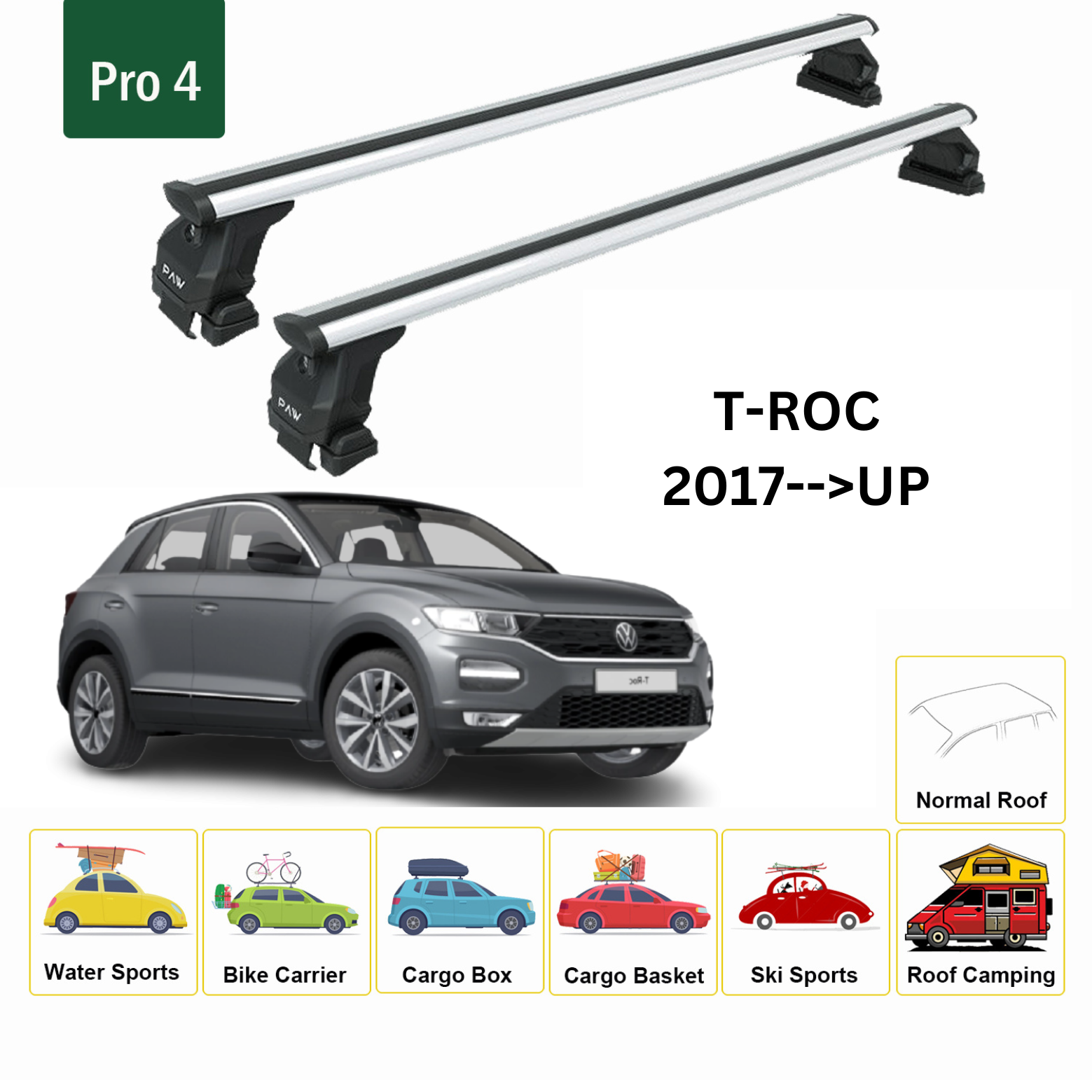 Volkswagen T-Roc 2017-2025 Oluksuz Üst Tavan Portbagaj Taşıyıcı Ara Atkısı Toros Serisi Pro 4 Gri