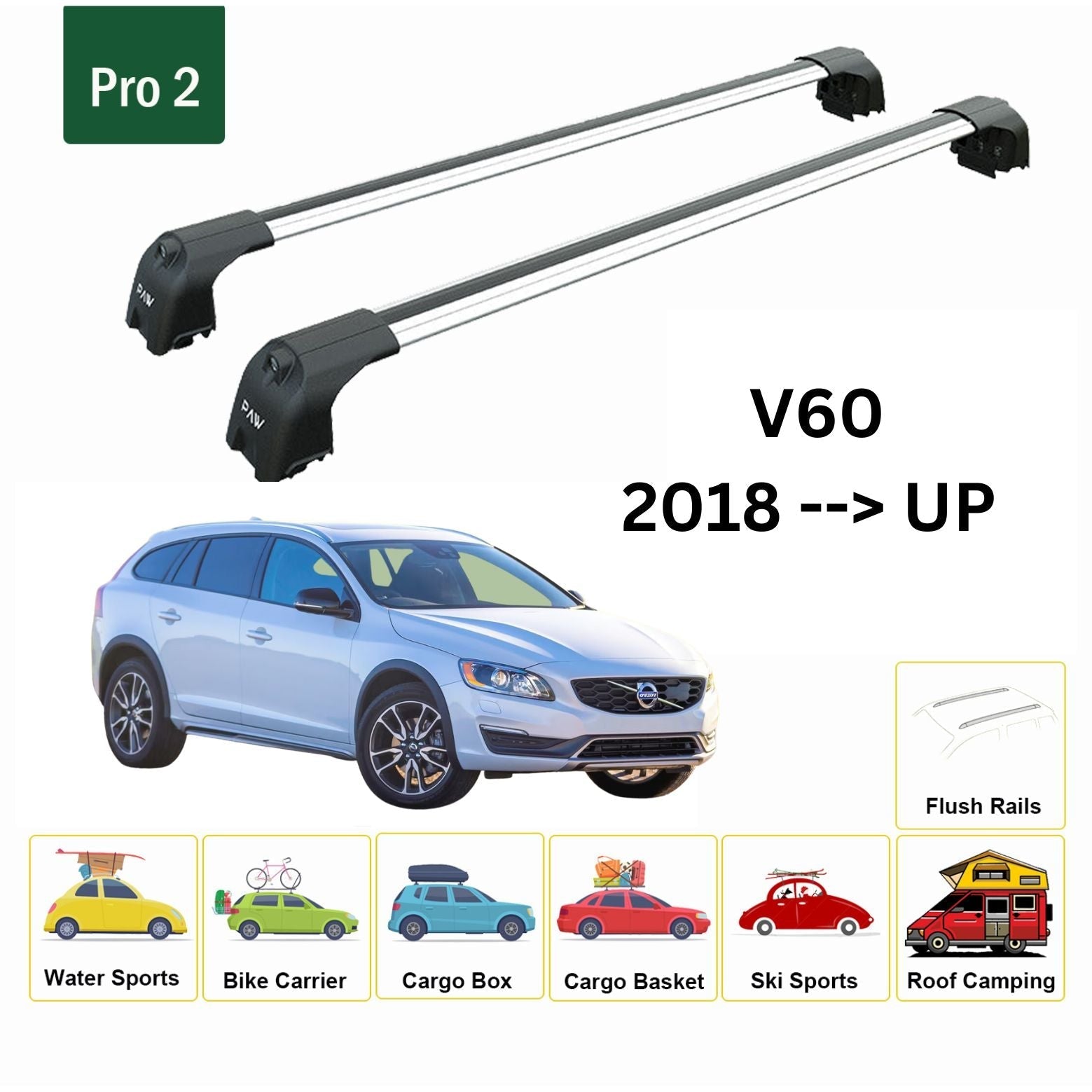 Volvo V60 Cross Country 2018-2025 Portbagaj Taşıyıcı Ara Atkisi - Ara Çubuk Paw Pro 2 Gri