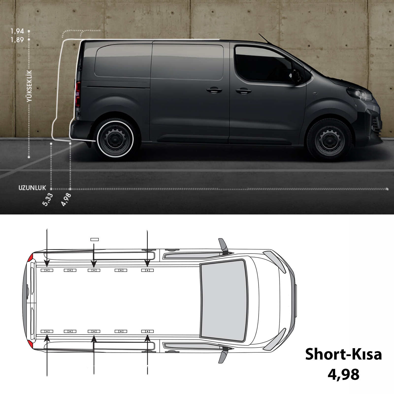 Fiat Scudo Kısa (2021-2025) Alüminyum Tavan Rayları, Plus Serisi - Gri